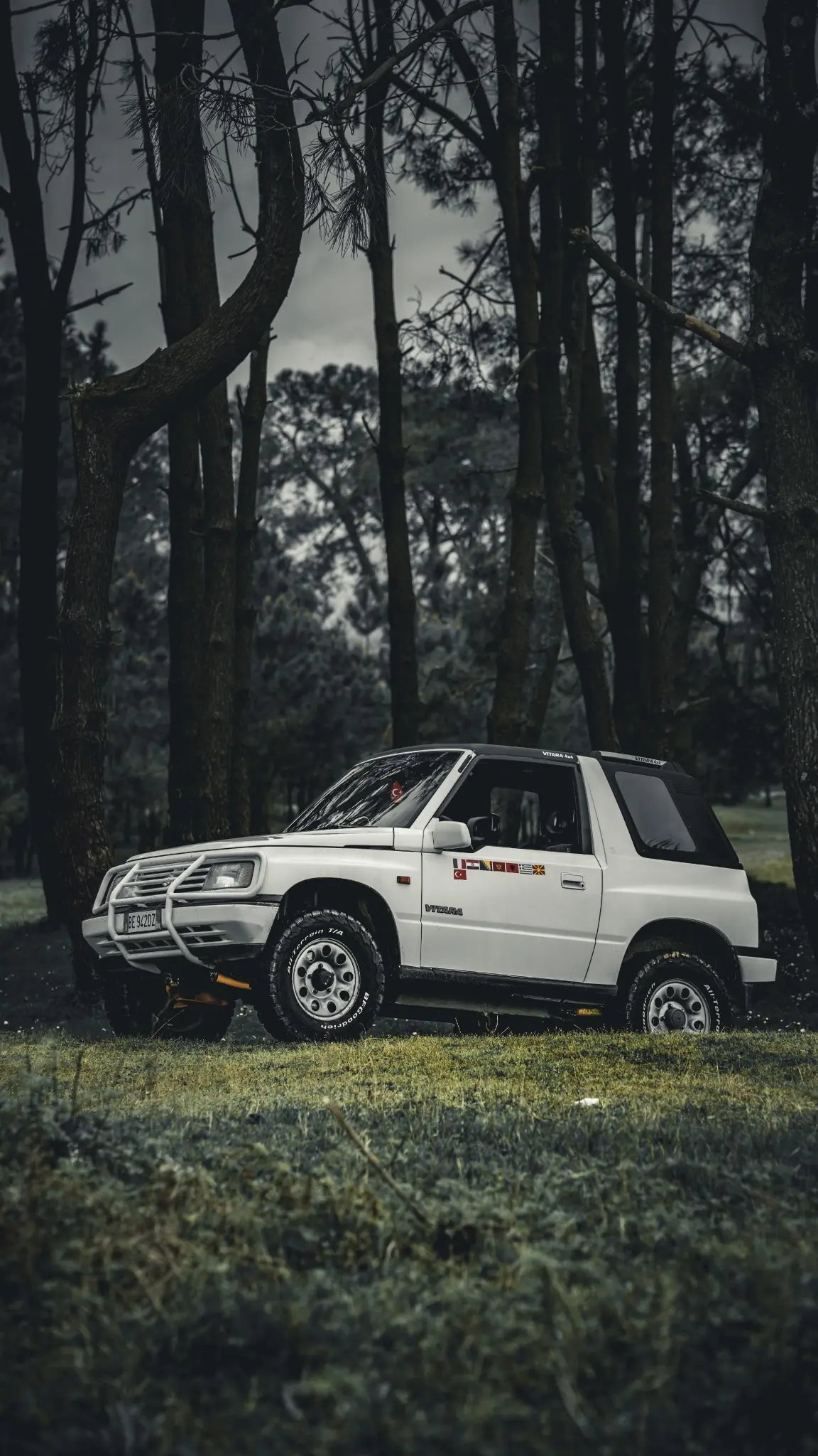 Il Suzuki Vitara bianco di Road2Japan nel bosco